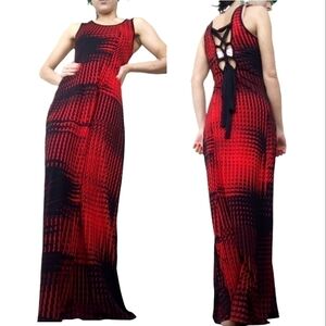 Vintage Women's Medium Corset Back Maxi Dress Black Red Ombre
